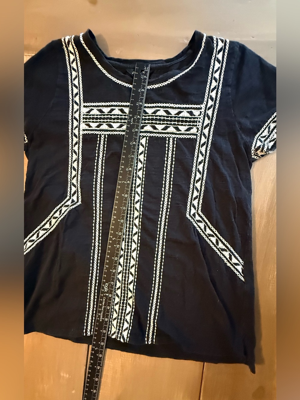 Lucky Brand Black Embroidered Boho Peasant Top White Geometric Detail - Picture 6 of 9